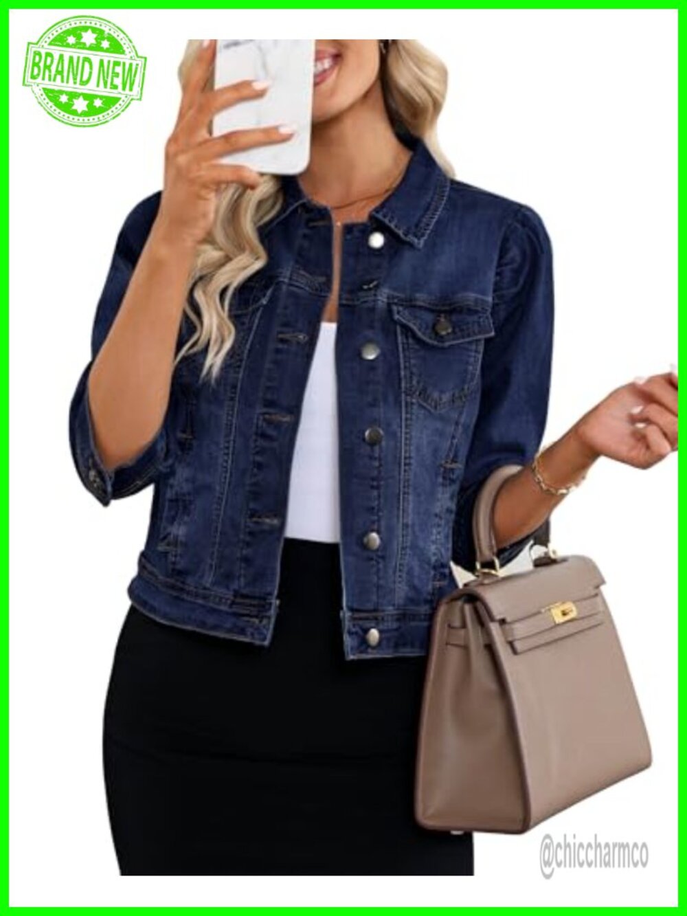 Vetinee Womens Cropped Denim Jacket Stretchy Puff Sleeve Shacket with Pockets
